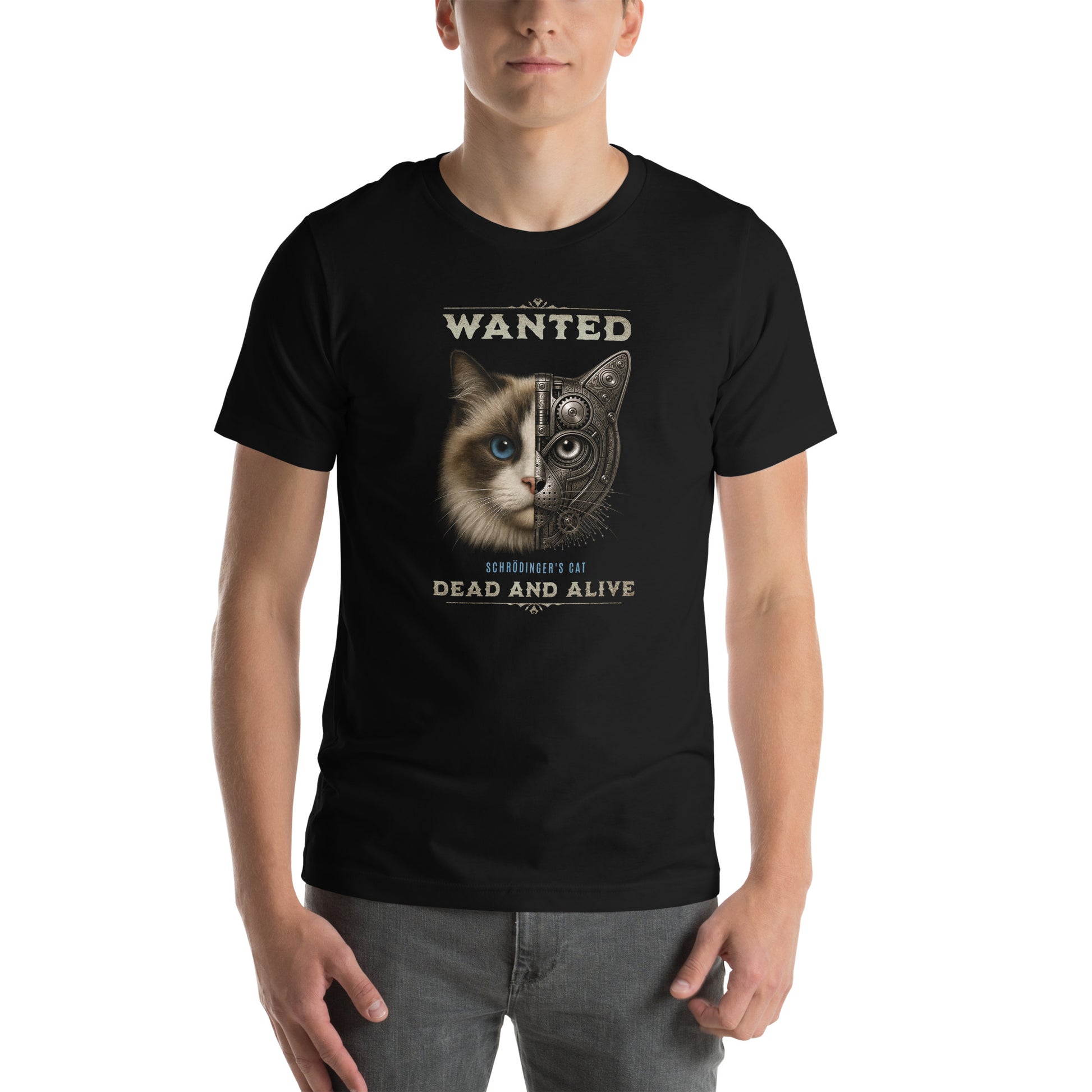OMThread black t-shirt featuring a ragdoll cat face with blue eye split between realistic and mechanical halves with Schrodinger cat dead and alive text in a wanted poster style design