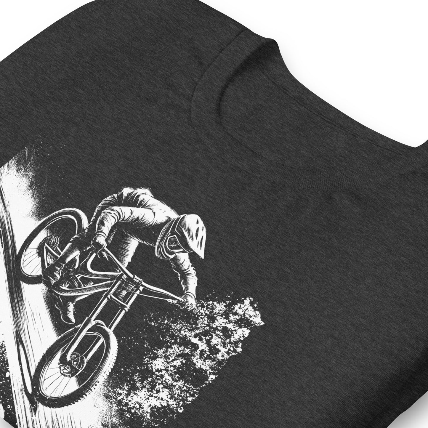 Heather gray t-shirt featuring a white illustration of a cyclist riding down a steep hill, with the word 'DOWNHILL' in bold, textured letters, capturing the thrill of mountain biking.