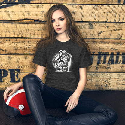 Music to My Ears Cat T-Shirt – Adorable kitten clutching a treble clef on a dark heather tee. Perfect for cat lovers, musicians, and music enthusiasts.