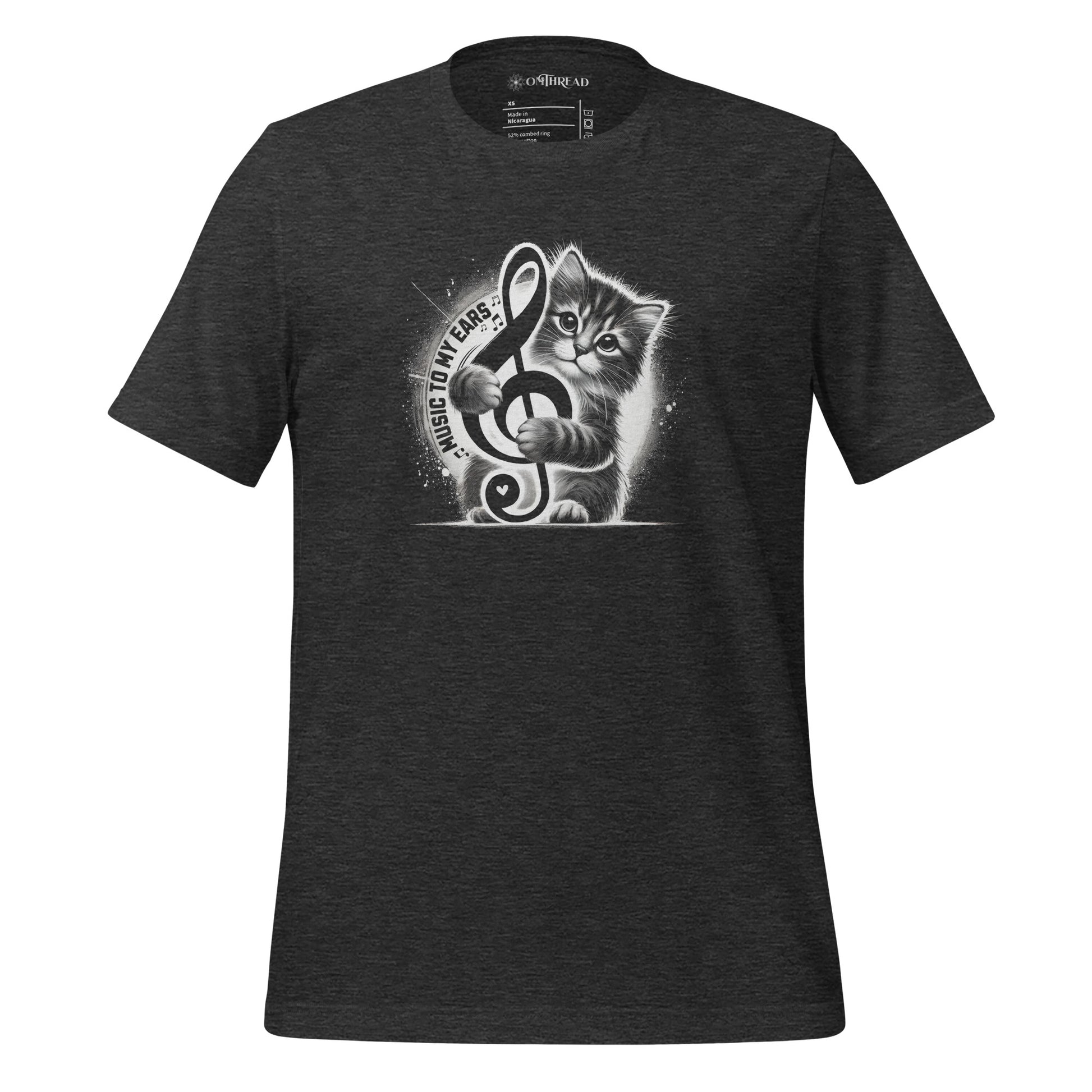 Product mockupMusic to My Ears Cat T-Shirt – Adorable kitten clutching a treble clef on a dark heather tee. Perfect for cat lovers, musicians, and music enthusiasts.