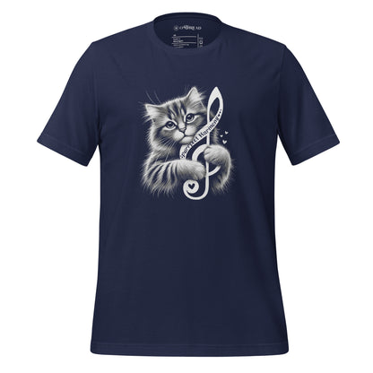 OMThread navy t-shirt featuring a fluffy cat holding a treble clef with 'Purrfect Harmony' text. The cat has detailed fur and a serene expression.