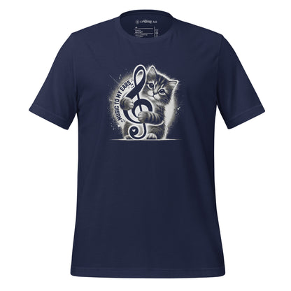 Music to My Ears Cat T-Shirt – Adorable kitten clutching a treble clef on a navy tee. Perfect for cat lovers, musicians, and music enthusiasts.